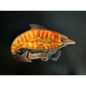 Vtg Sea World Orange Glazed Sword Fish Tray/Bowl Souvenir Faux Wood
